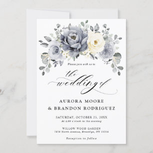 Invitation Argent Gris ivoire Floral hiver Rustique Mariage I
