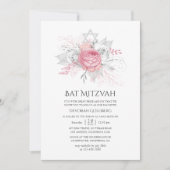 Invitation Argent Iridescendant et Bat mitzvah floral rose (Devant)