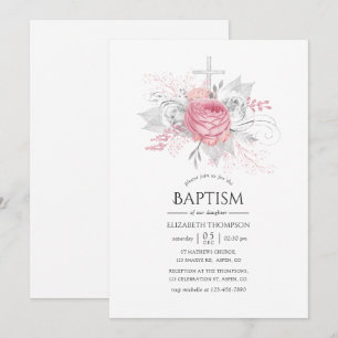 Invitation Argent iridescent et floral rose Baptême
