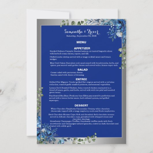 Invitation Argent Lustré, Rêves d'Azur Bleu Menu de Dîner (Devant)
