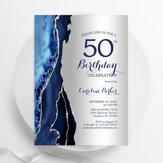 Invitation Argent Marine Blue Agate 50e anniversaire