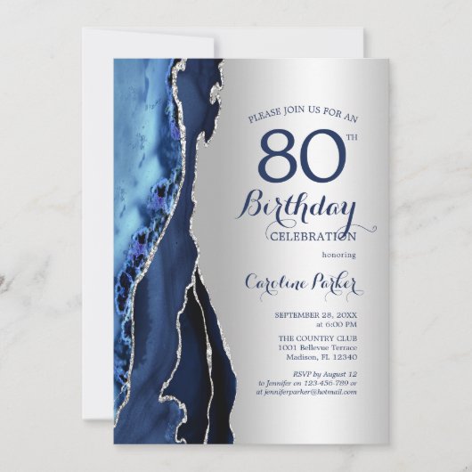Invitation Argent Marine Blue Agate 80e anniversaire (Devant)