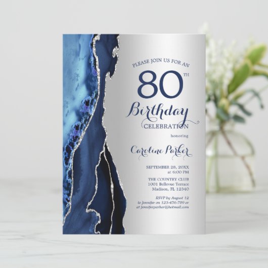 Invitation Argent Marine Blue Agate 80e anniversaire (Debout devant)