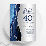 Invitation Argent Marine Blue Agate Surprise 40e anniversaire<br><div class="desc">L'agate bleu marine et argent surprise 40e anniversaire invitation de fête. Elégant design moderne avec aquarelle bleu royal agate marbre arrière - plan,  faux parties scintillant argent et typographie script police. Carte invitation branchée parfaite pour une célébration anniversaire féminine élégante. Invitations Zazzle imprimées ou téléchargement instantané modèle imprimable numérique.</div>