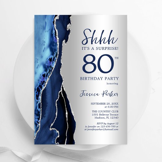 Invitation Argent Marine Blue Agate Surprise 80e anniversaire