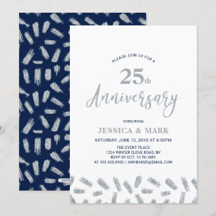 Invitation Argent & Marine   Moderne 25e Anniversaire de Mari