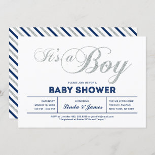 Invitation Argent, Marine Typographie moderne Baby shower g
