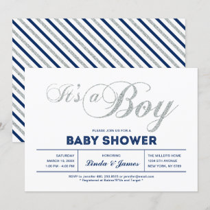 Invitation Argent, Marine Typographie Moderne pour une Baby