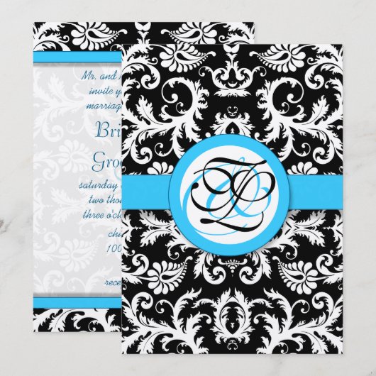 Invitation Argent métal Vintage Damas brillant Aqua Trim (Devant / Derrière)