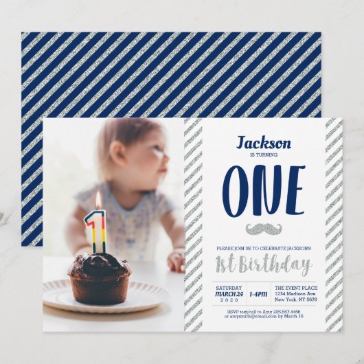Invitation Argent, Moustache | Boy 1st Birthday Photo (Devant / Derrière)
