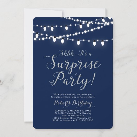 Invitation Argent & Navy | Fête d'anniversaire surprise moder (Devant)