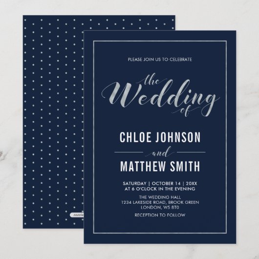 Invitation Argent & Navy | Mariage de typographie moderne sim (Devant / Derrière)
