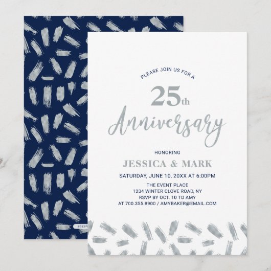 Invitation Argent & Navy | Moderne 25e anniversaire de mariag (Devant / Derrière)