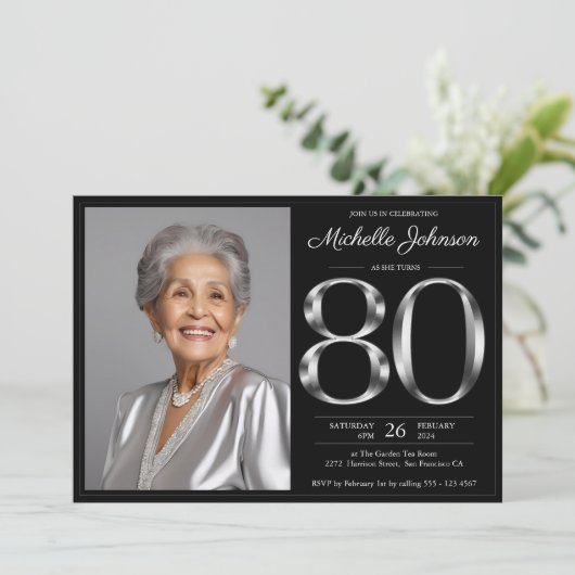 Invitation Argent noir 80e anniversaire (Debout devant)