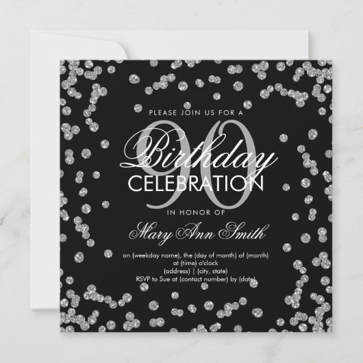 Invitation Argent Noir 90e anniversaire Parties scintillant C (Devant)