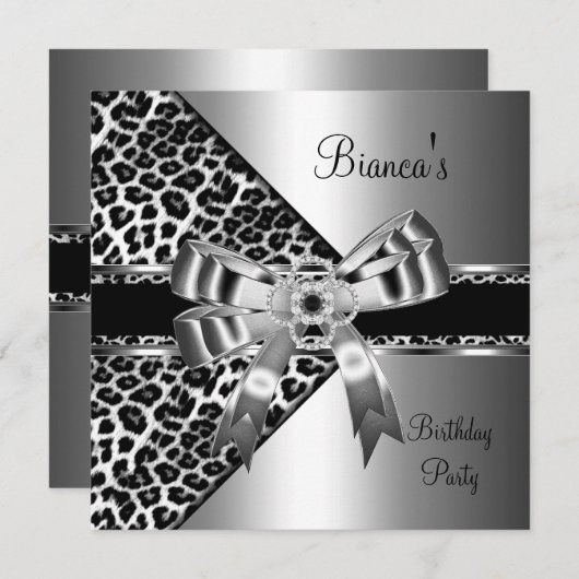 Invitation Argent noir blanc léopard diamant bijou Bow (Devant / Derrière)