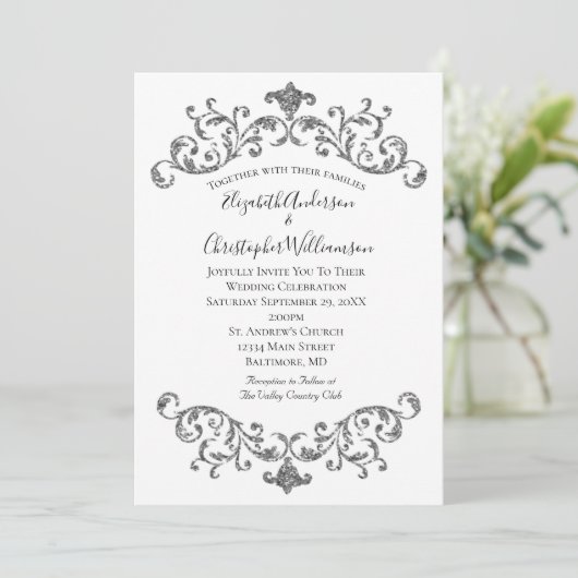 Invitation Argent noir blanc Ornat Flourdir Mariage officiel (Debout devant)
