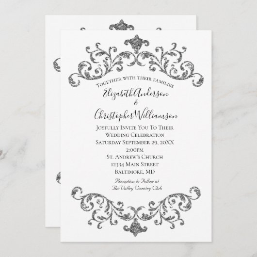 Invitation Argent noir blanc Ornat Flourdir Mariage officiel (Devant / Derrière)