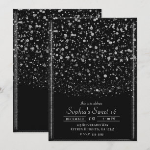 Invitation Argent & Noir Confetti Splatter Sweet 16 Party