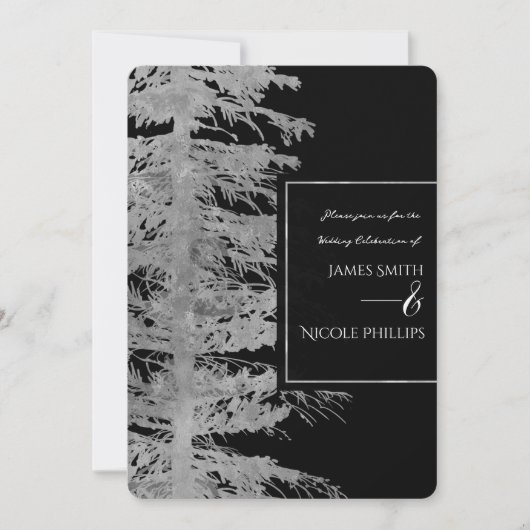 Invitation Argent Noir Glam Pine Arbre Rustique Forêt Mariage (Devant)