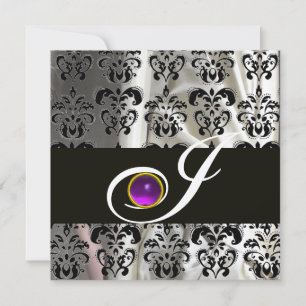 INVITATION ARGENT NOIR SILK DAMASK MONOGRAM PURPLE AMÉTHYST