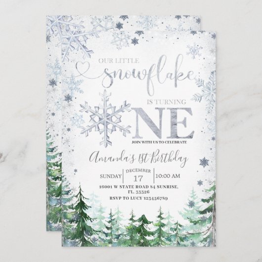 Invitation Argent Notre petit flocon de neige Forêt d'hiver A (Devant / Derrière)