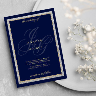 Invitation Argent or bleu marine monogramme parties mariage
