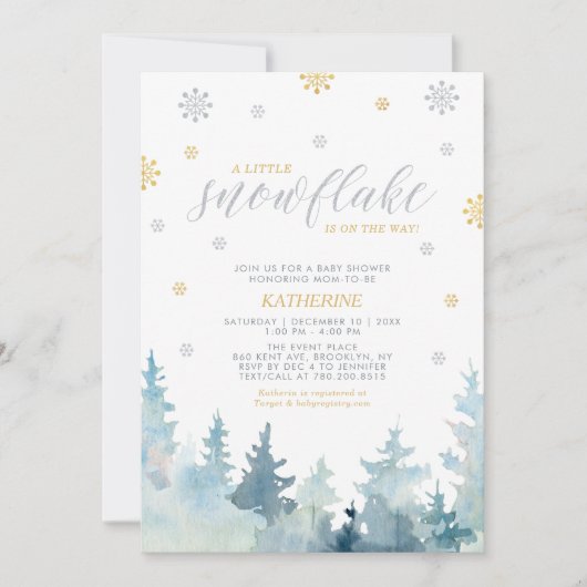 Invitation Argent & Or, Petit Flocon Bébé Shower d'Hiver (Devant)