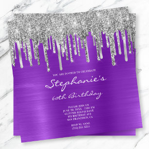 Invitation Argent Pailleté Violet Feuille 60e Anniversaire