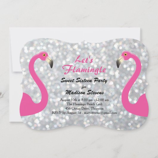 Invitation Argent Parsemé Flamingle Sweet sixteen (Devant)