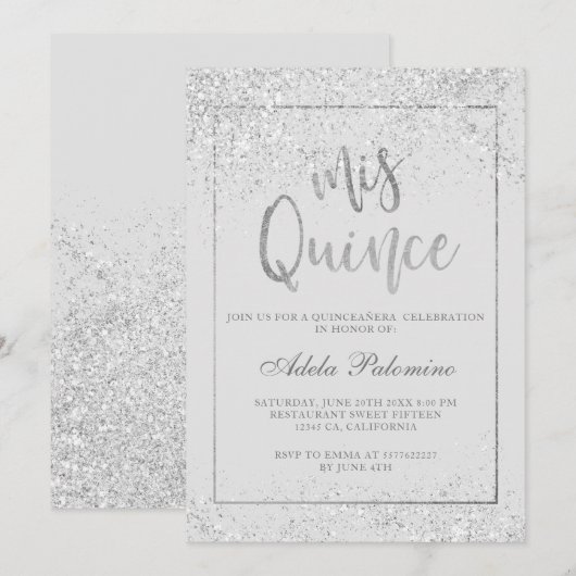 Invitation Argent parties scintillant cadre script gris Quinc (Devant / Derrière)