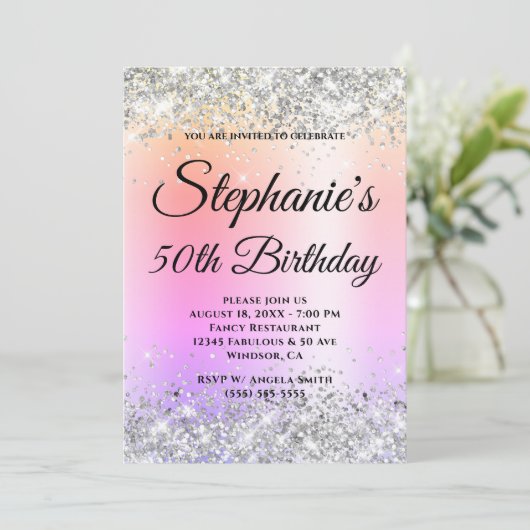 Invitation Argent Parties scintillant Pastel Arc-en-ciel (Debout devant)