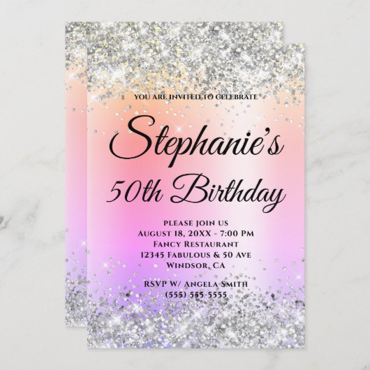 Invitation Argent Parties scintillant Pastel Arc-en-ciel (Devant / Derrière)