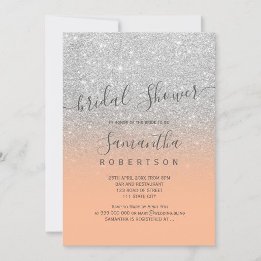 Invitation Argent parties scintillant pêche script douche de  (Devant)