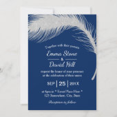 Invitation Argent Peacock Feather Marine Mariage bleu (Devant)