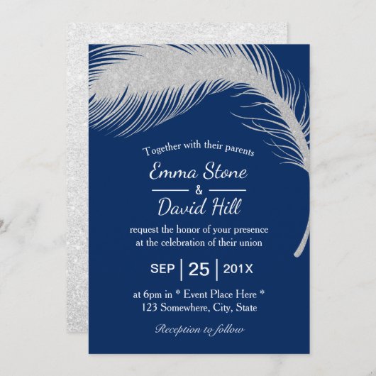 Invitation Argent Peacock Feather Marine Mariage bleu (Devant / Derrière)