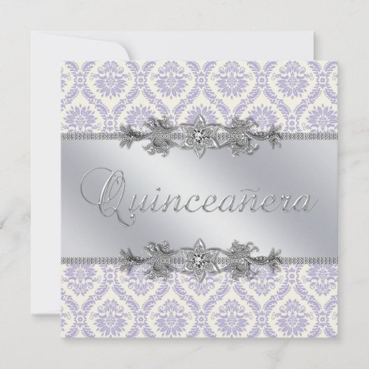 Invitation Argent Pourpre Damassé Quinceanera (Devant)