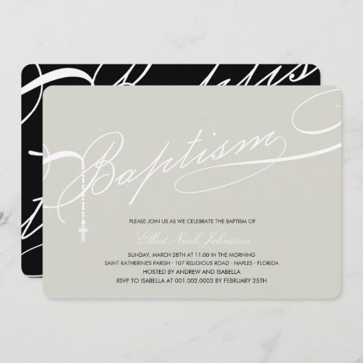 Invitation Argent préétabli de croix de chapelet de baptême (Devant / Derrière)