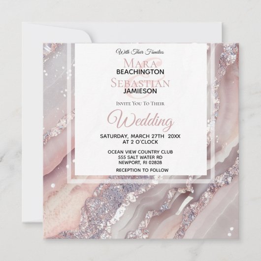 Invitation *~* Argent QR BLUSH PINK AGATE AR66 Mariage RSVP (Devant)
