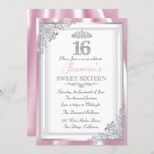Invitation Argent rose diamant Damask & Tiara Sweet 16 Invita