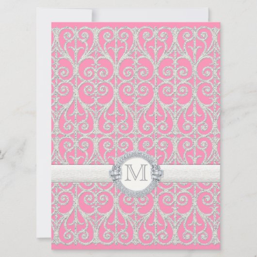 Invitation Argent rose, Diamants et dentelle, Mariage monogra (Devant)