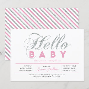 Invitation Argent & Rose   Fille, Typographie Chic Baby Showe