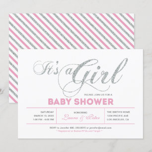 Invitation Argent & Rose   Fille, Typographie Chic pour Baby 