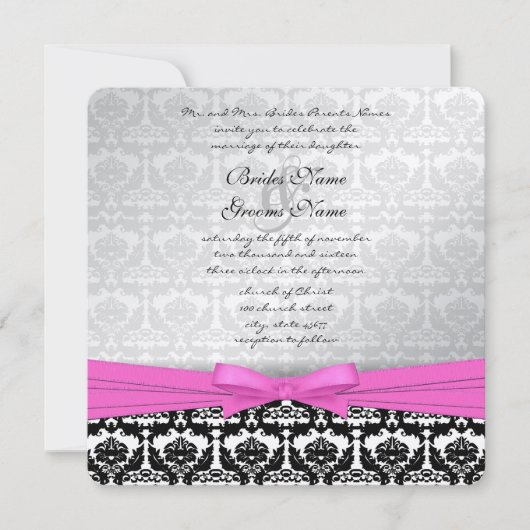Invitation Argent rose & Fils Damas Noirs Mariage Inviter (Devant)