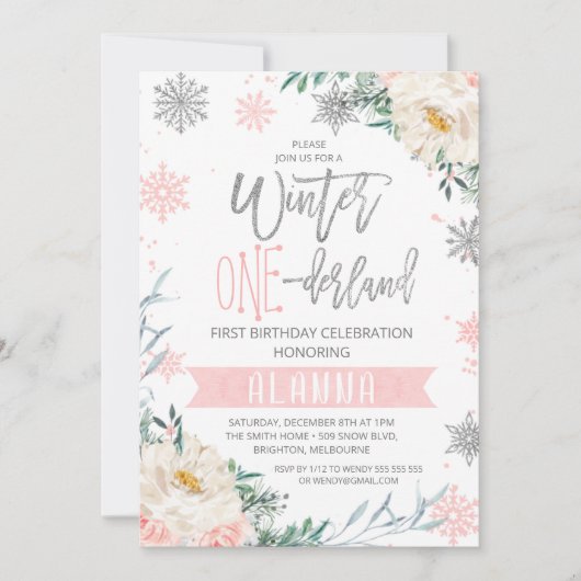 Invitation Argent rose Floral Hiver Onederland 1er anniversai (Devant)