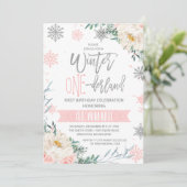 Invitation Argent rose Floral Hiver Onederland 1er anniversai (Debout devant)