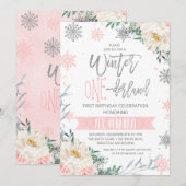 Invitation Argent rose Floral Hiver Onederland 1er anniversai (Devant / Derrière)