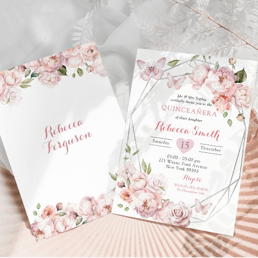 Invitation Argent rose Floral Mexicaine fille douce 16 Annive