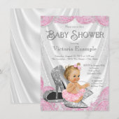 Invitation Argent rose haute talon Chaussure bébé Douche Invi (Devant / Derrière)