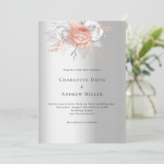 Invitation Argent rose or floral code QR mariage RSVP (Debout devant)
